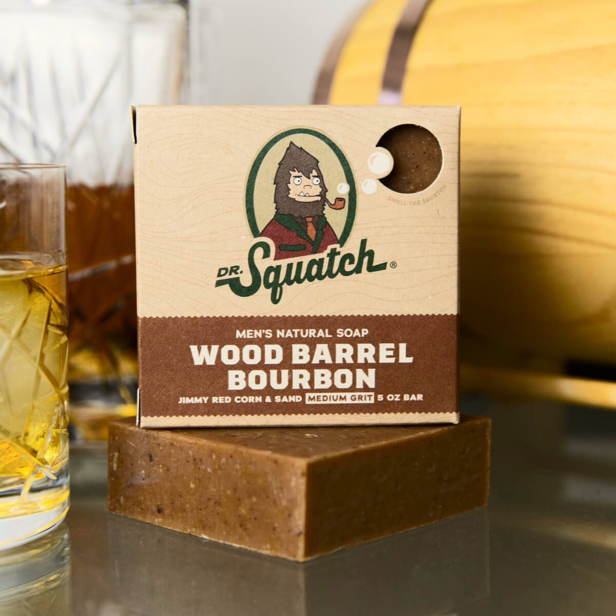 First scrub: Dr. Squatch Wood Barrel Bourbon soap 